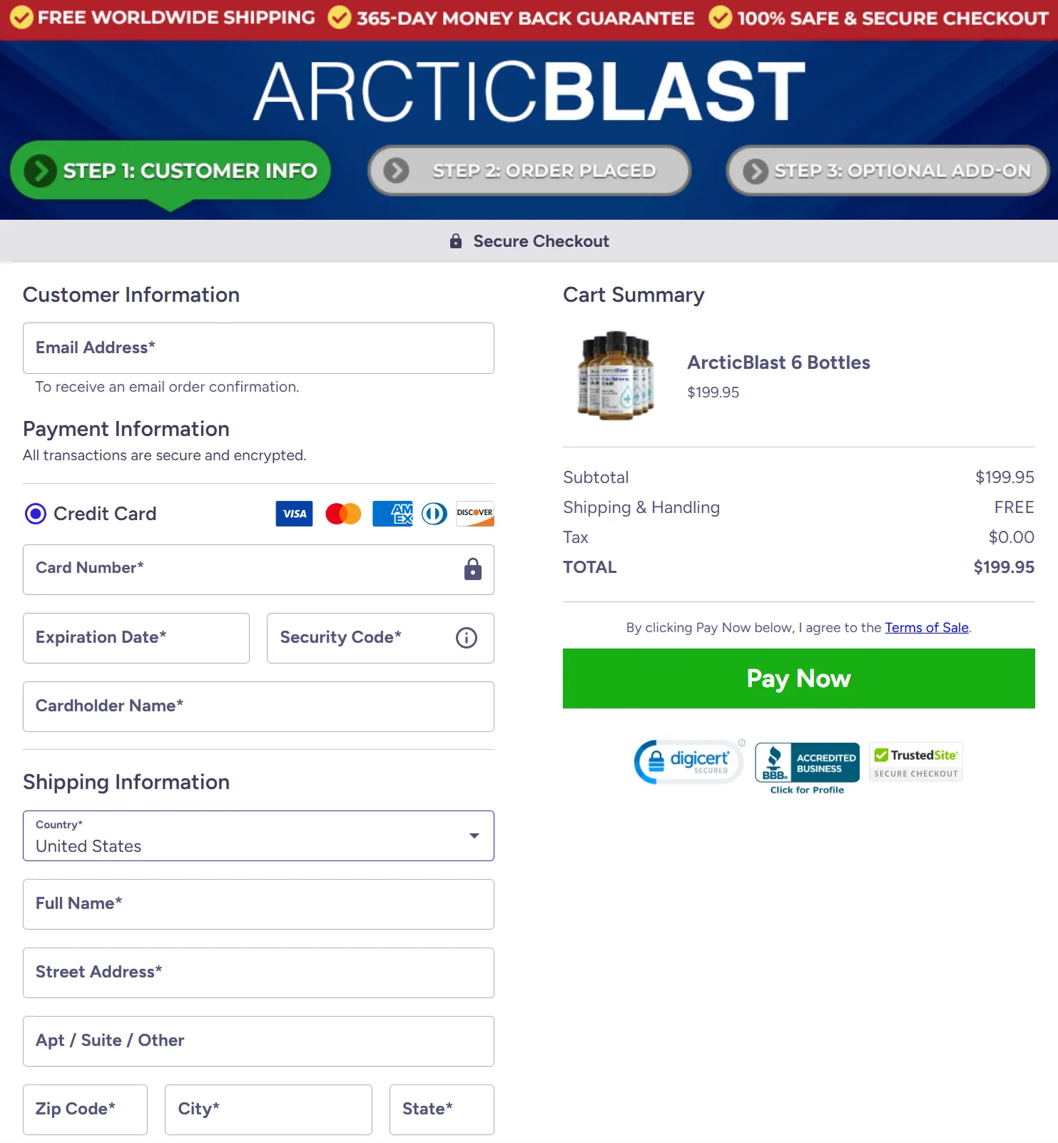 Arctic Blast checkout page